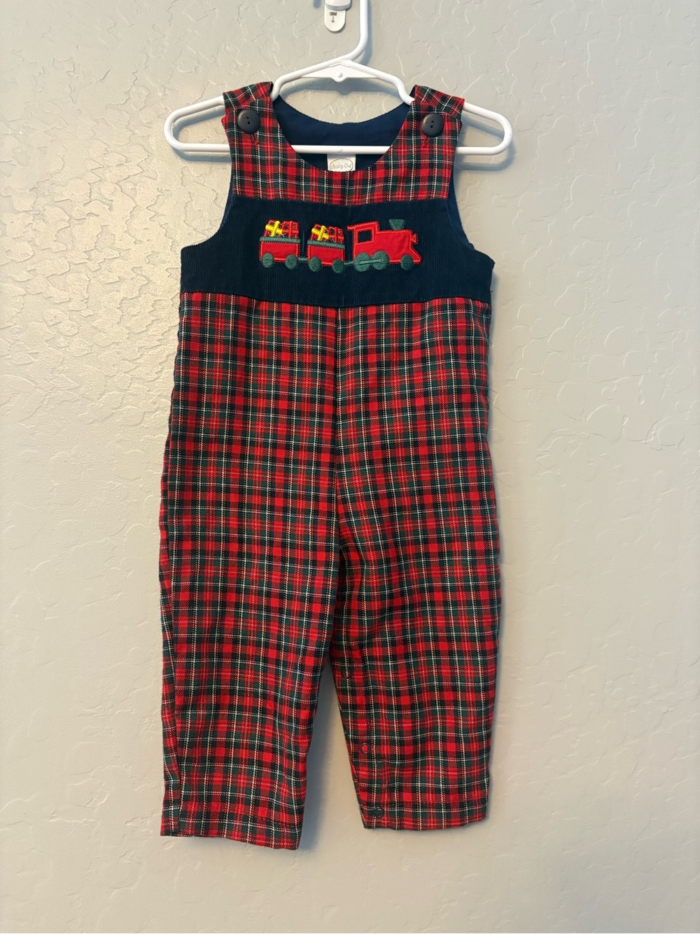Starting Out red green navy plaid jon jon romper with embroidered train 12 mo